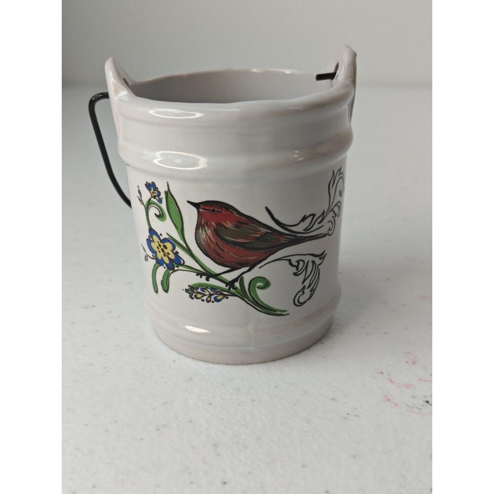 3in Ceramic Bucket with Metal Handle Planter Bird And Flowers